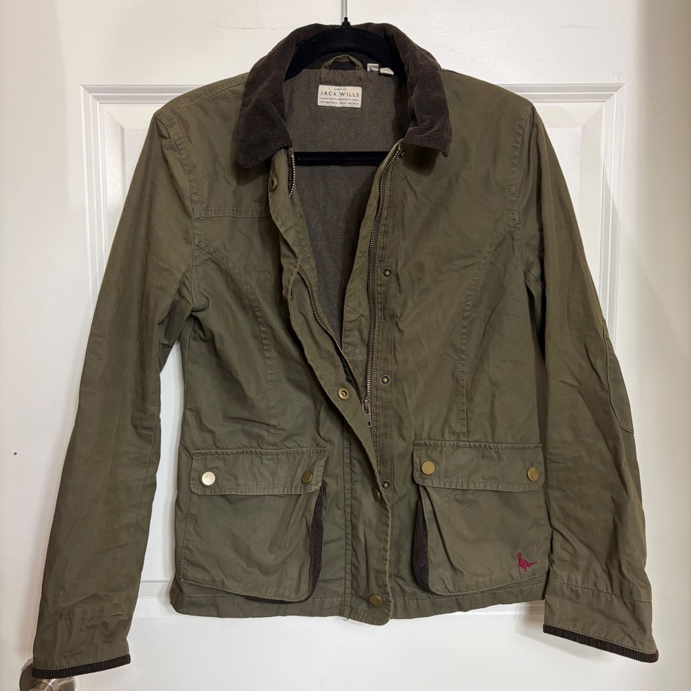 Jack Wills Womens Olive Green Field Jacket Corduroy Collar Utility Barn Coat 2